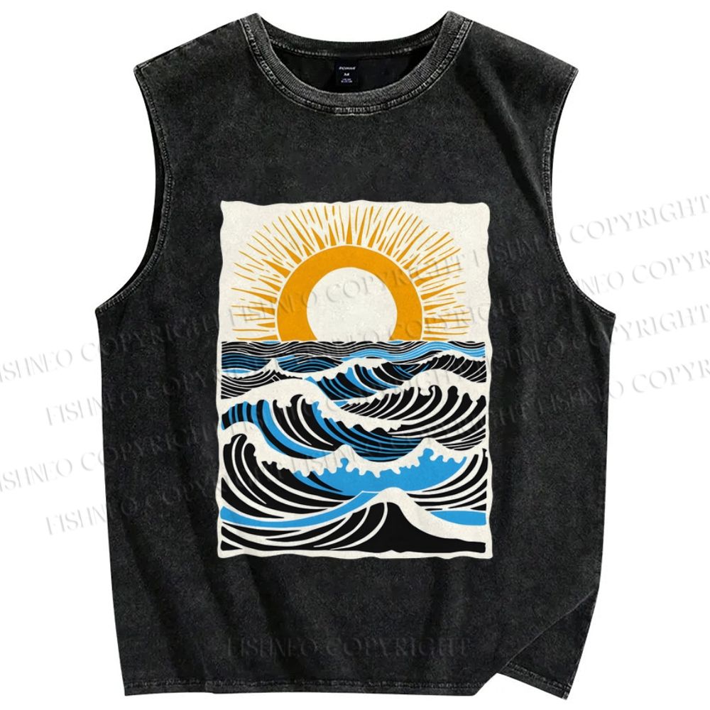 Unisex Ocean Waves And Sunrise Printed Washed Tank Top