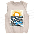 Unisex Ocean Waves And Sunrise Printed Washed Tank Top