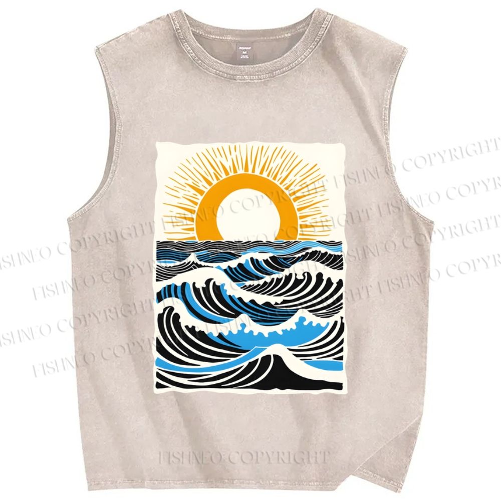 Unisex Ocean Waves And Sunrise Printed Washed Tank Top