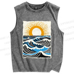 Unisex Ocean Waves And Sunrise Printed Washed Tank Top