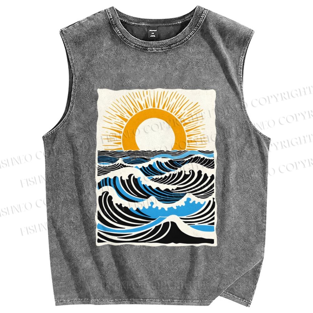 Unisex Ocean Waves And Sunrise Printed Washed Tank Top