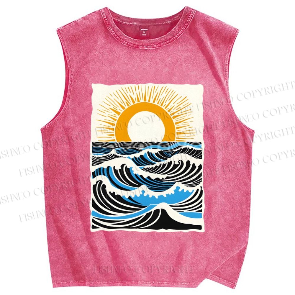 Unisex Ocean Waves And Sunrise Printed Washed Tank Top