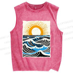 Unisex Ocean Waves And Sunrise Printed Washed Tank Top