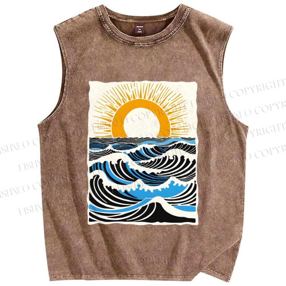 Unisex Ocean Waves And Sunrise Printed Washed Tank Top