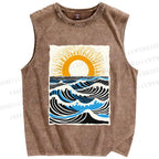 Unisex Ocean Waves And Sunrise Printed Washed Tank Top