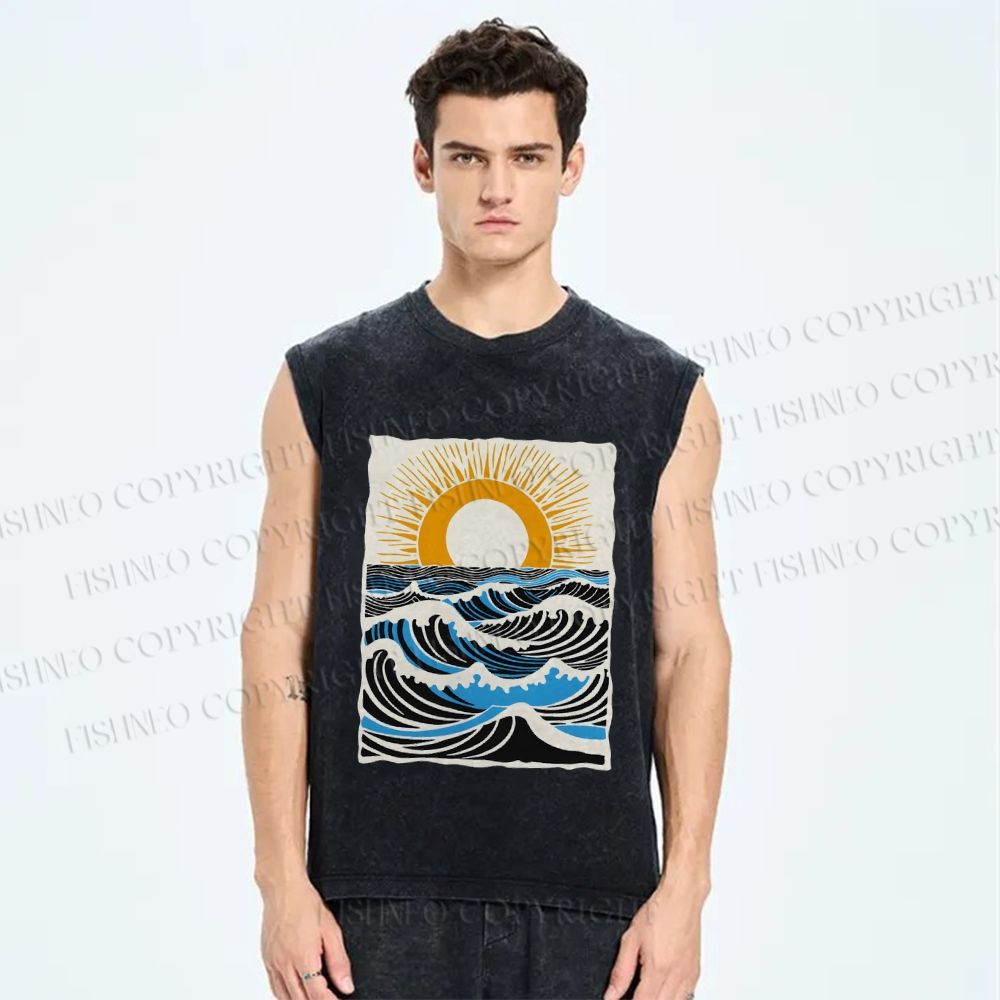Unisex Ocean Waves And Sunrise Printed Washed Tank Top