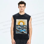 Unisex Ocean Waves And Sunrise Printed Washed Tank Top