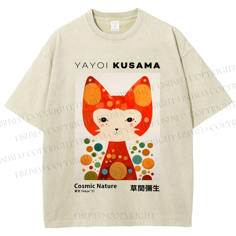 Unisex Yayoi Kusama Cat Printed Washed Tee