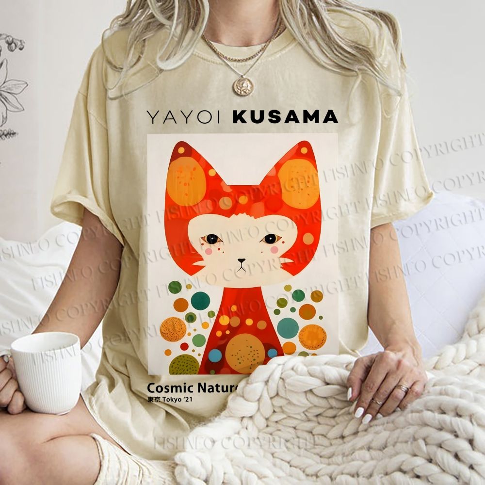 Unisex Yayoi Kusama Cat Printed Washed Tee