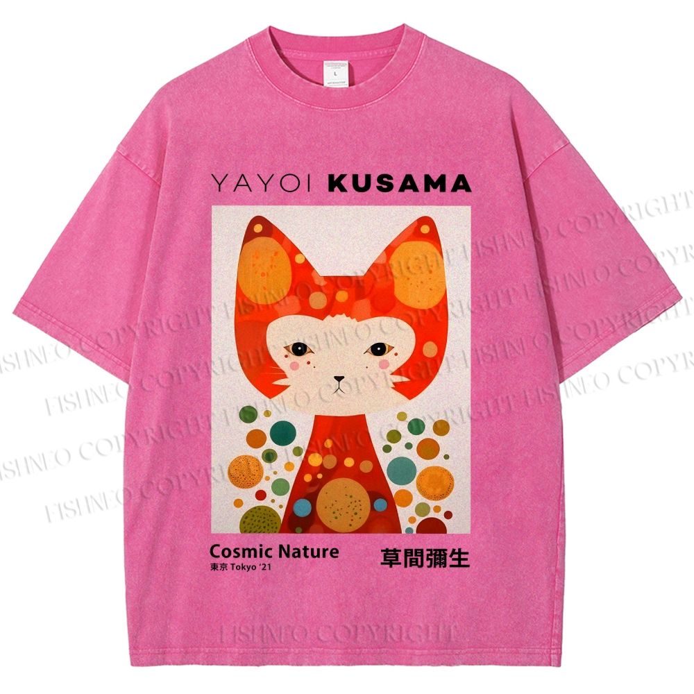 Unisex Yayoi Kusama Cat Printed Washed Tee