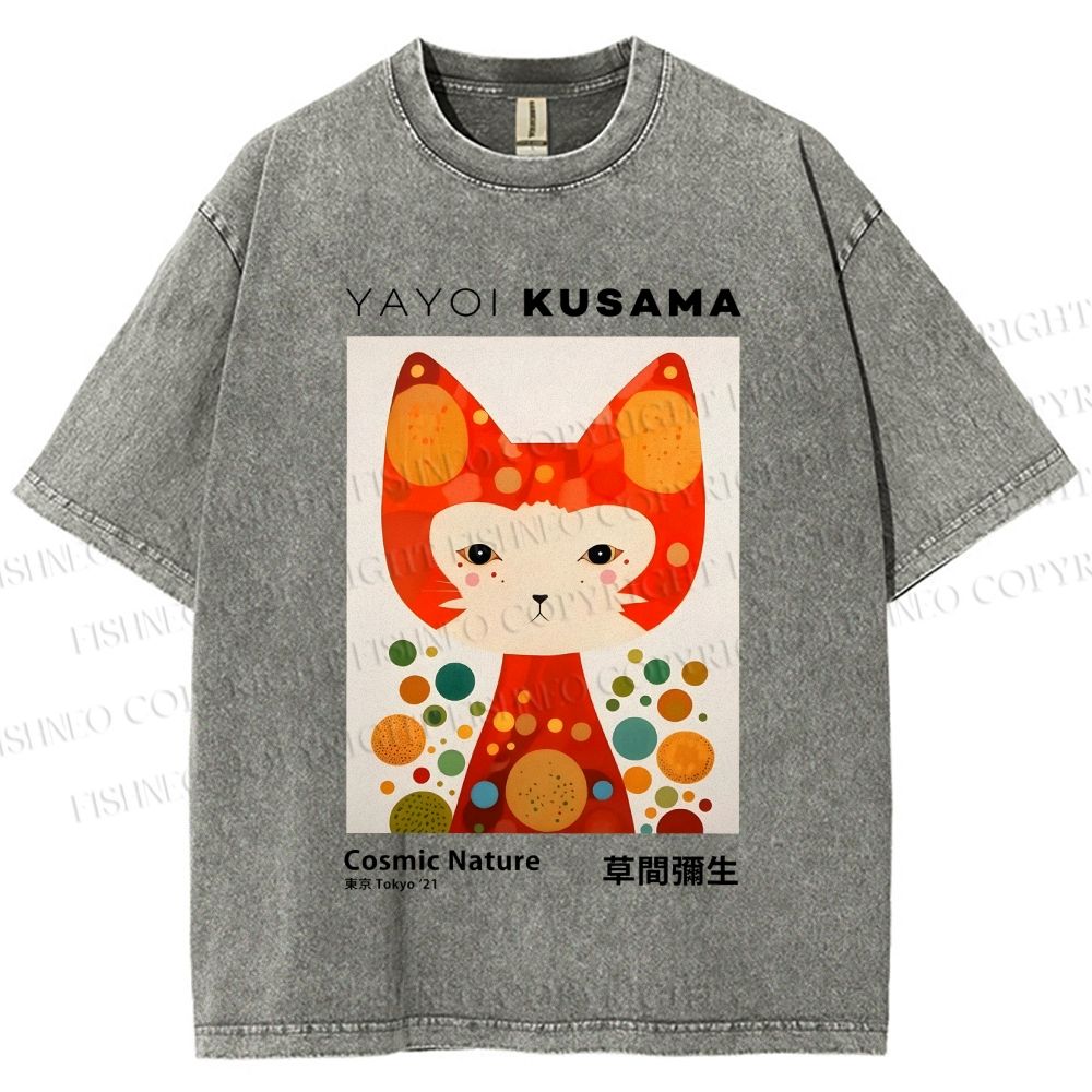 Unisex Yayoi Kusama Cat Printed Washed Tee