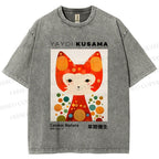 Unisex Yayoi Kusama Cat Printed Washed Tee
