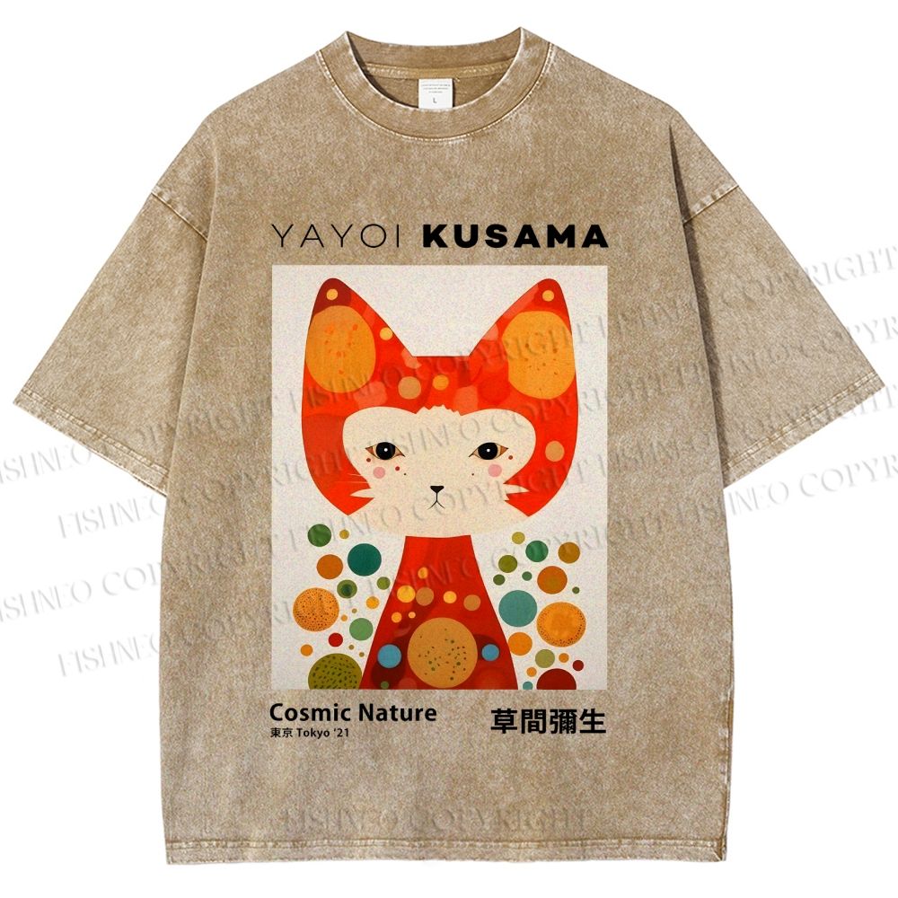 Unisex Yayoi Kusama Cat Printed Washed Tee