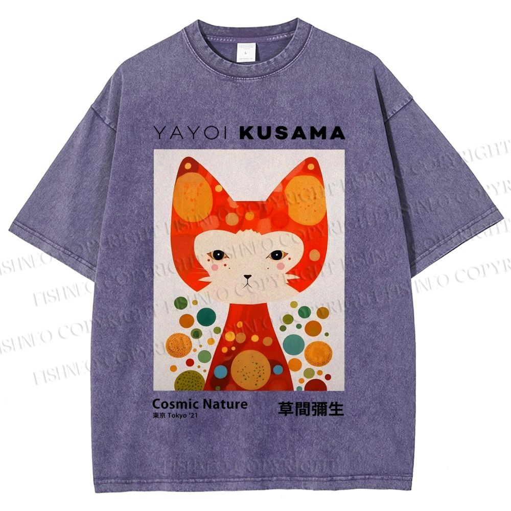 Unisex Yayoi Kusama Cat Printed Washed Tee