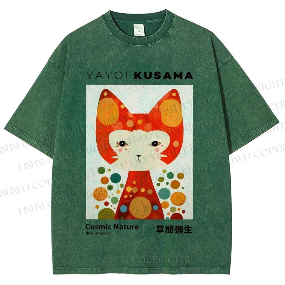 Unisex Yayoi Kusama Cat Printed Washed Tee