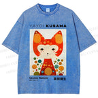 Unisex Yayoi Kusama Cat Printed Washed Tee