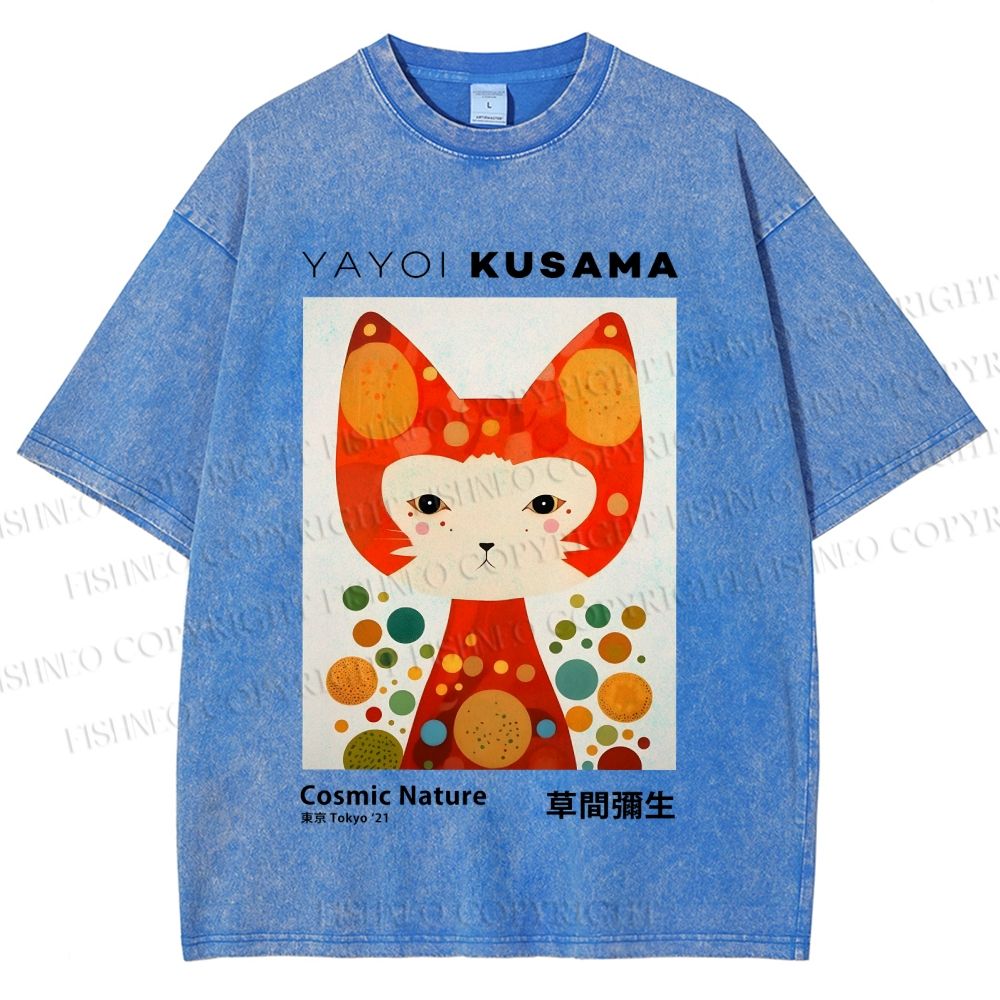 Unisex Yayoi Kusama Cat Printed Washed Tee