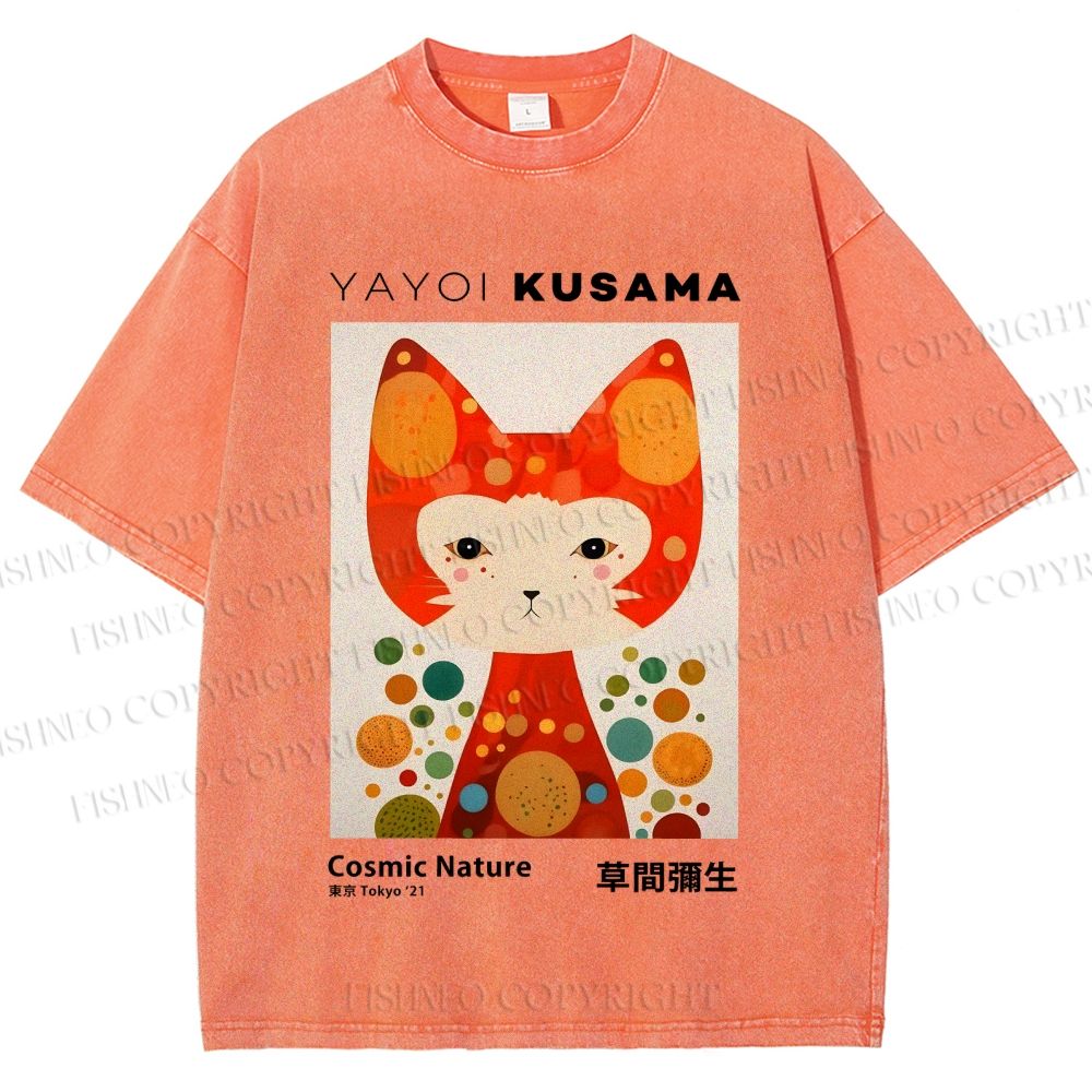 Unisex Yayoi Kusama Cat Printed Washed Tee
