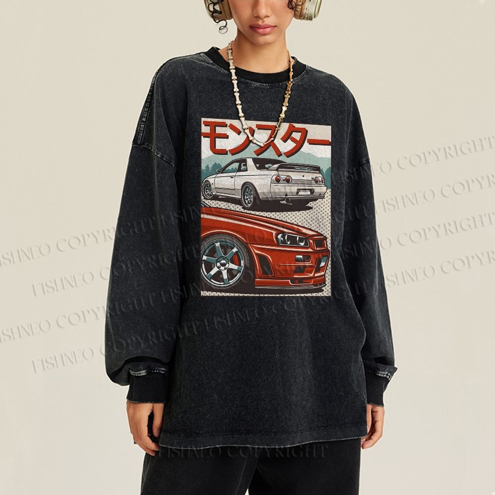 Unisex Casual Washed Japanese Car Printed Long Sleeve T-shirt