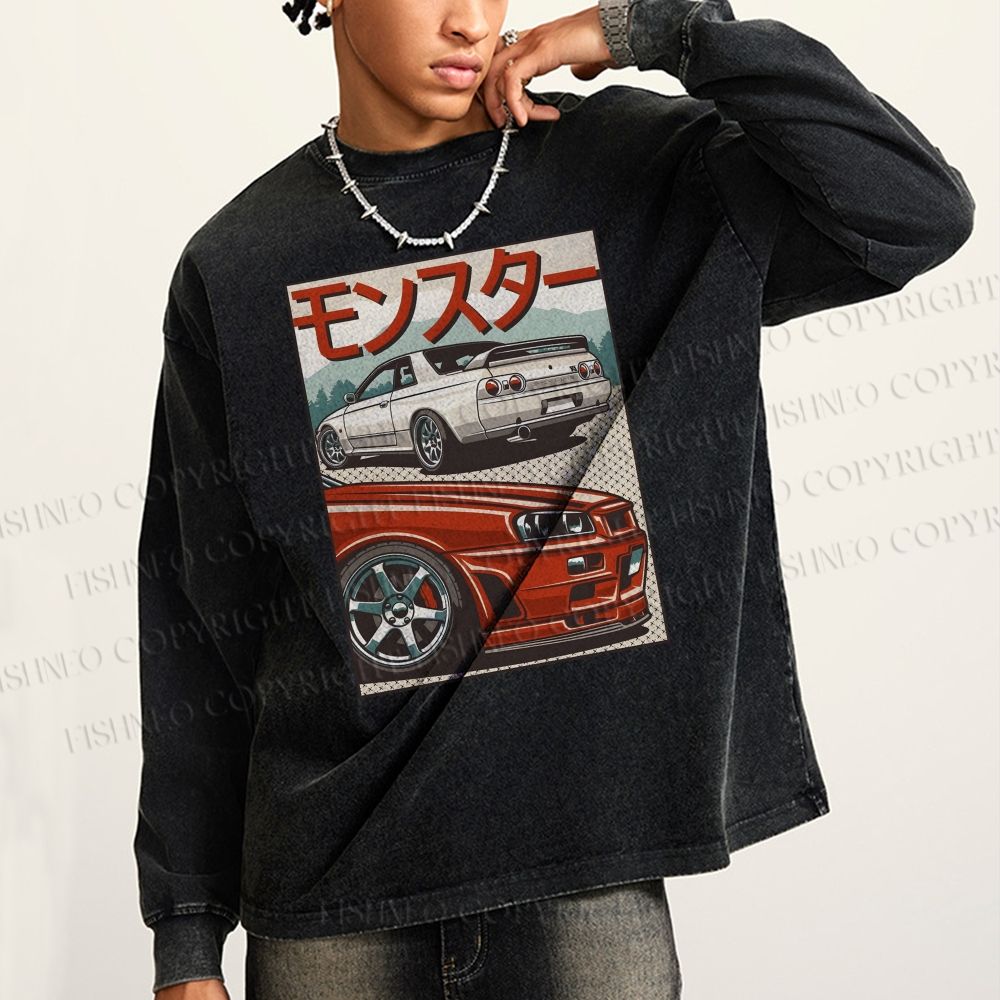 Unisex Casual Washed Japanese Car Printed Long Sleeve T-shirt