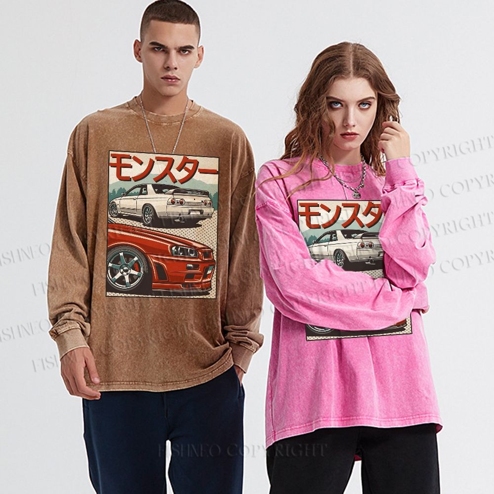Unisex Casual Washed Japanese Car Printed Long Sleeve T-shirt