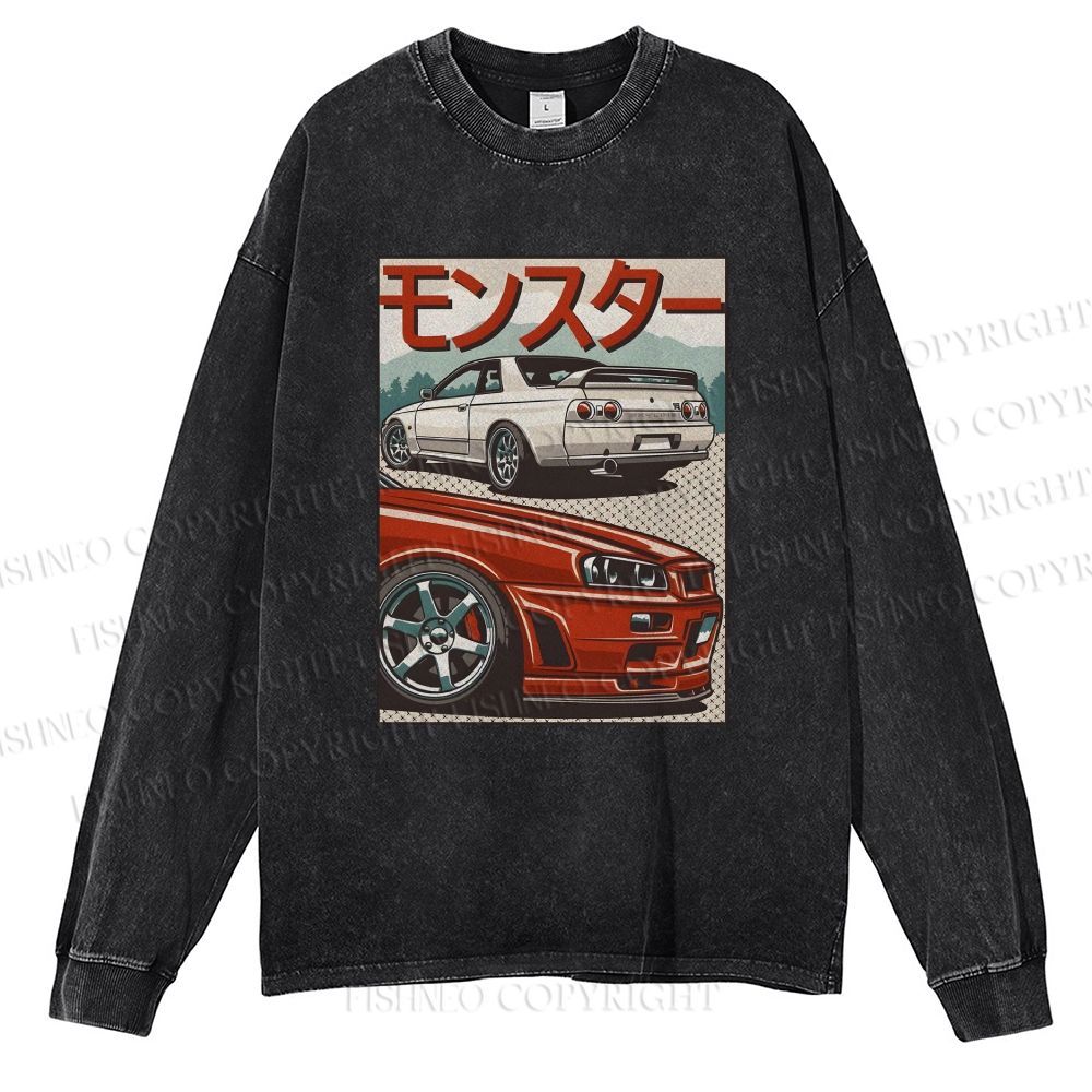 Unisex Casual Washed Japanese Car Printed Long Sleeve T-shirt