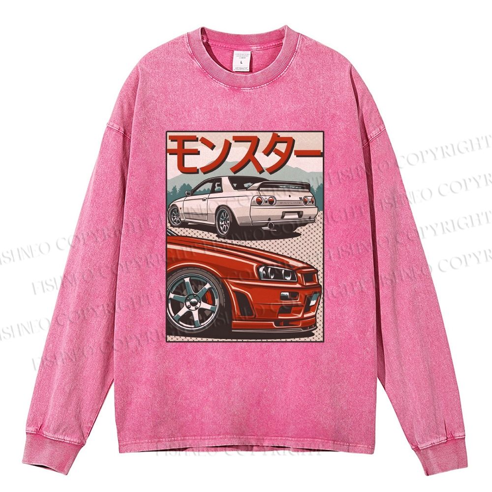 Unisex Casual Washed Japanese Car Printed Long Sleeve T-shirt