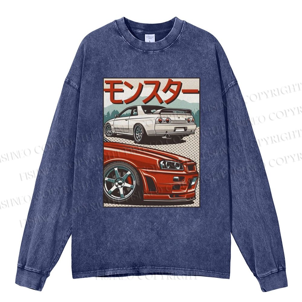 Unisex Casual Washed Japanese Car Printed Long Sleeve T-shirt