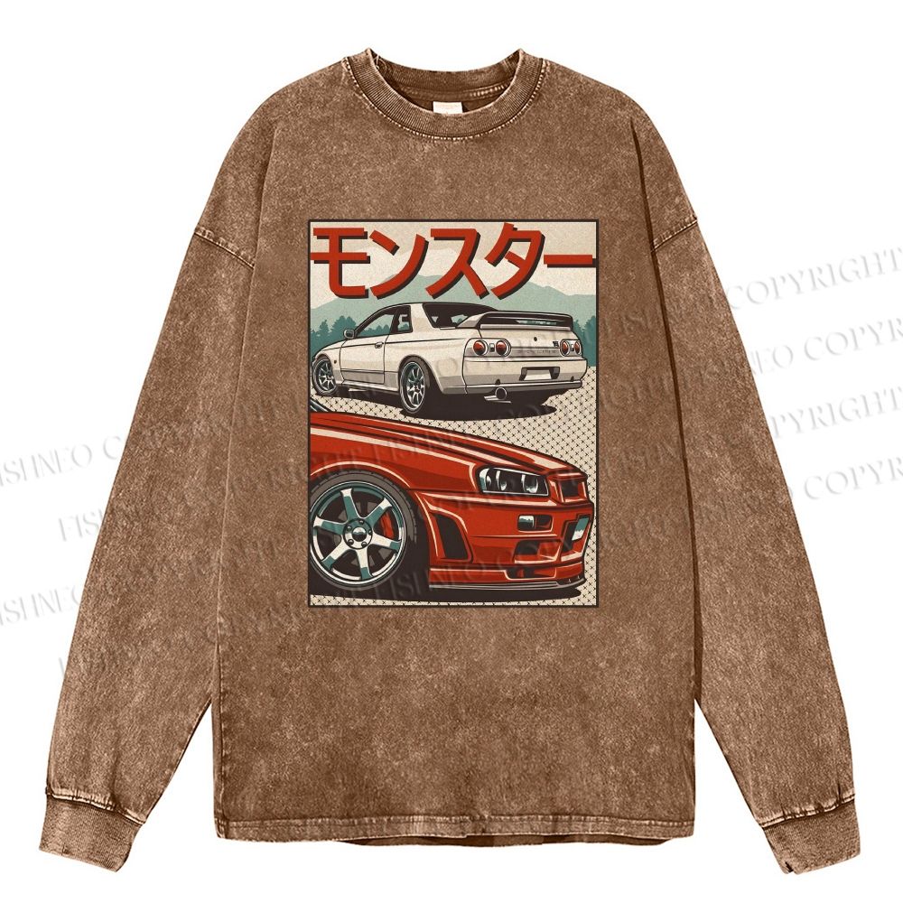 Unisex Casual Washed Japanese Car Printed Long Sleeve T-shirt