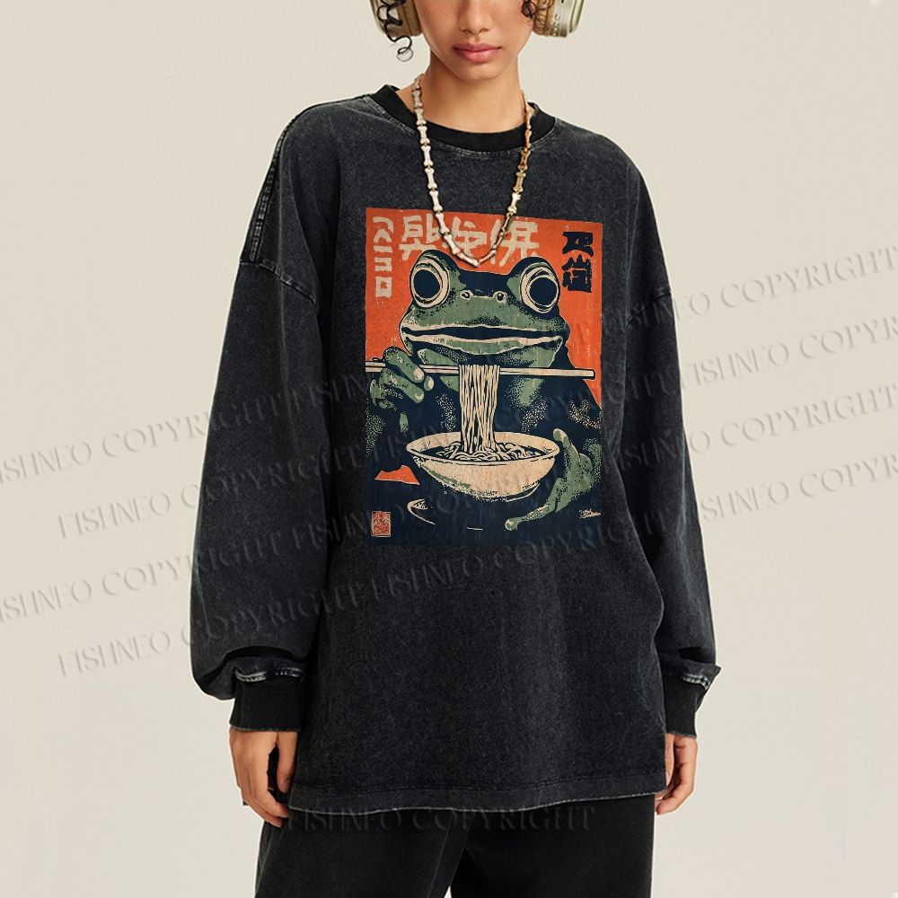 Unisex Casual Washed Frog Ramen Printed Long Sleeve T-shirt