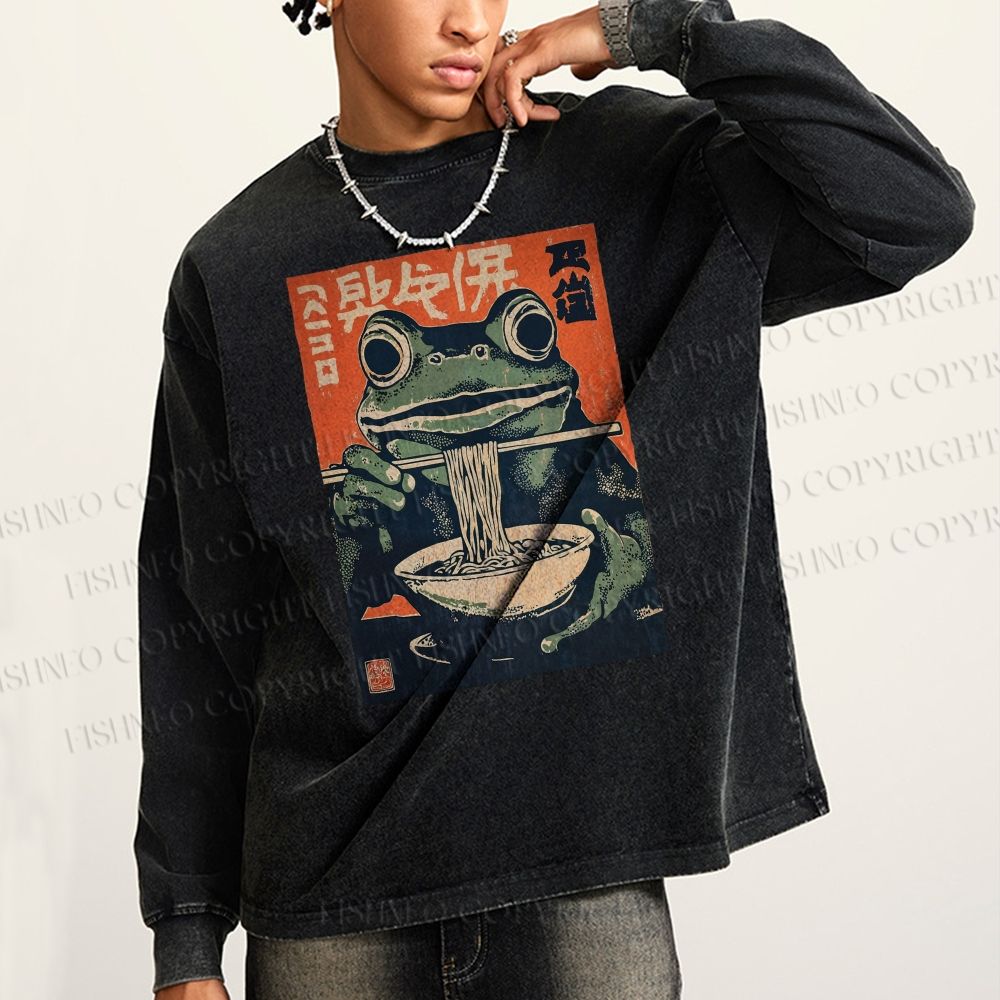 Unisex Casual Washed Frog Ramen Printed Long Sleeve T-shirt