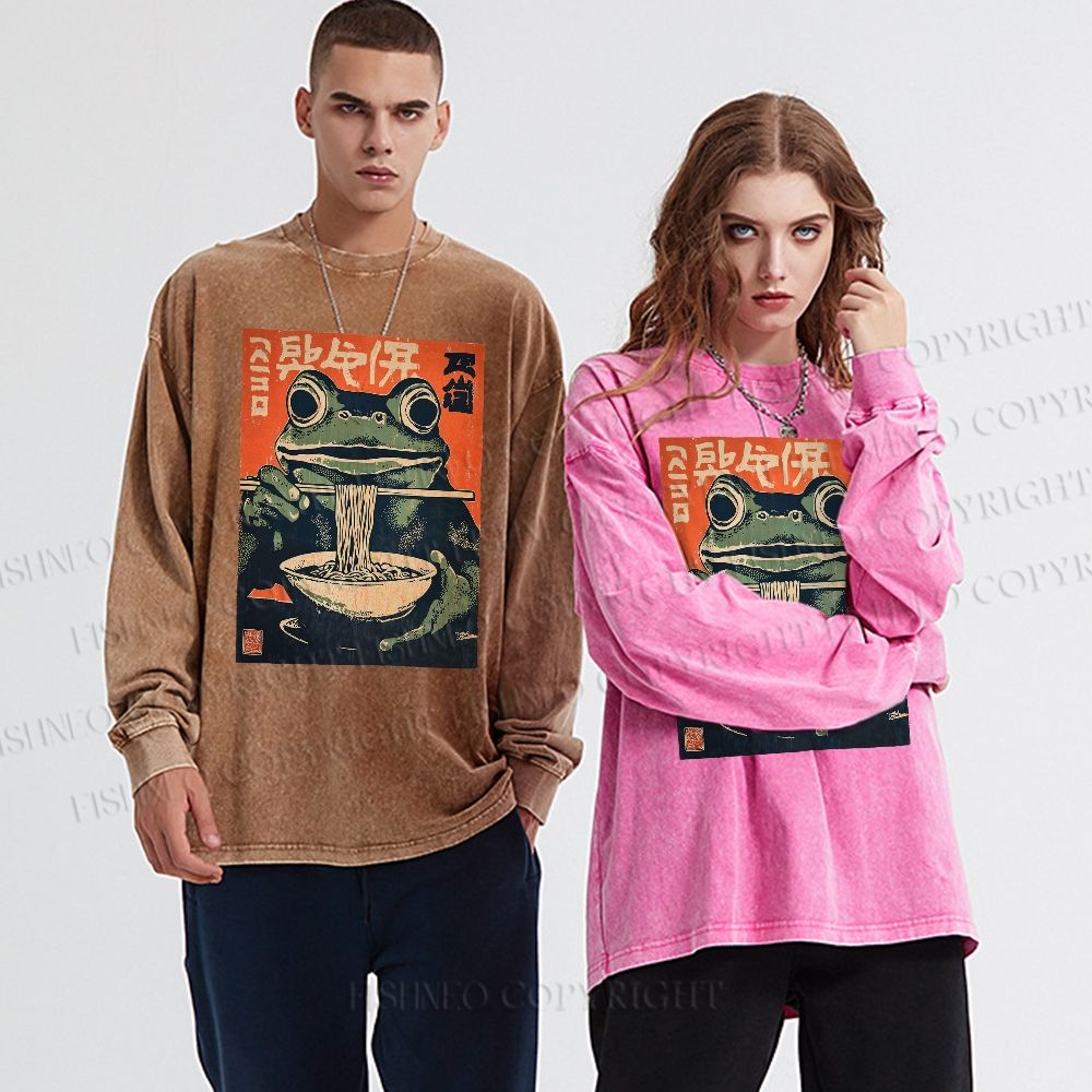 Unisex Casual Washed Frog Ramen Printed Long Sleeve T-shirt