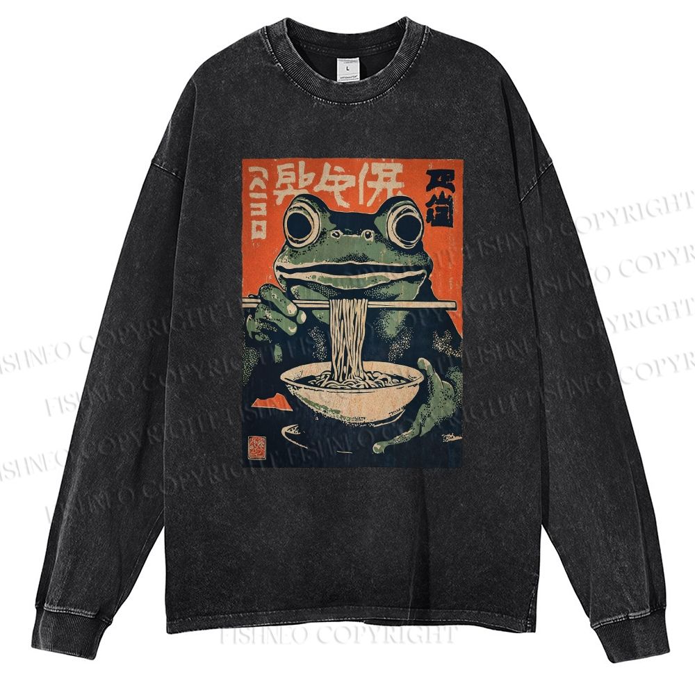 Unisex Casual Washed Frog Ramen Printed Long Sleeve T-shirt