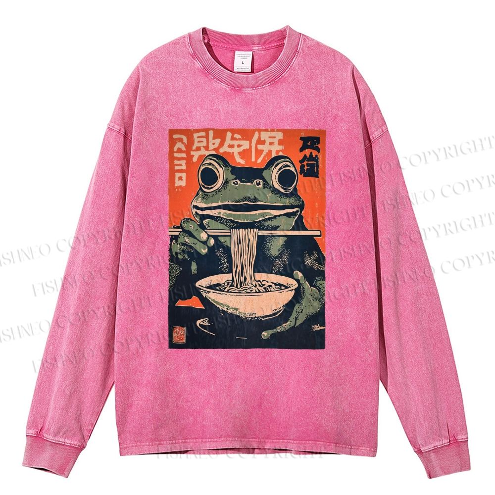 Unisex Casual Washed Frog Ramen Printed Long Sleeve T-shirt