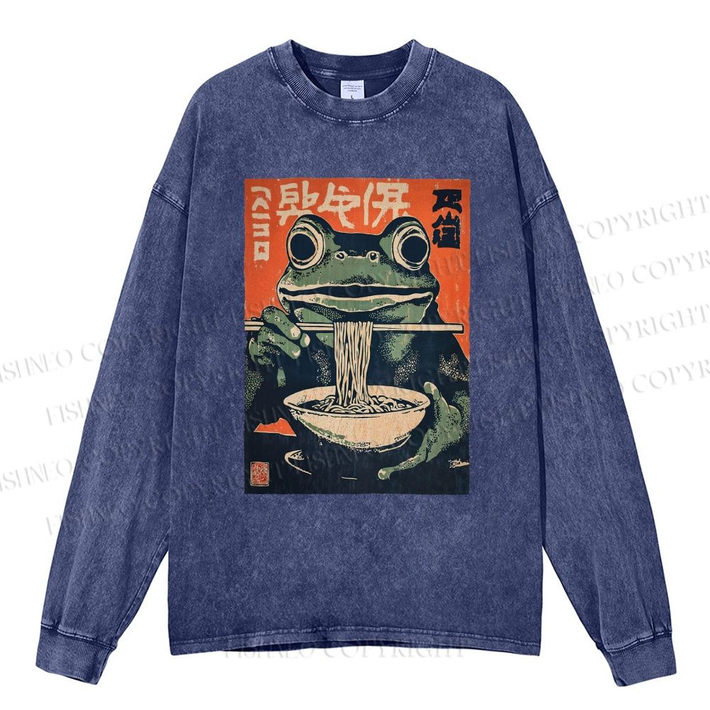 Unisex Casual Washed Frog Ramen Printed Long Sleeve T-shirt