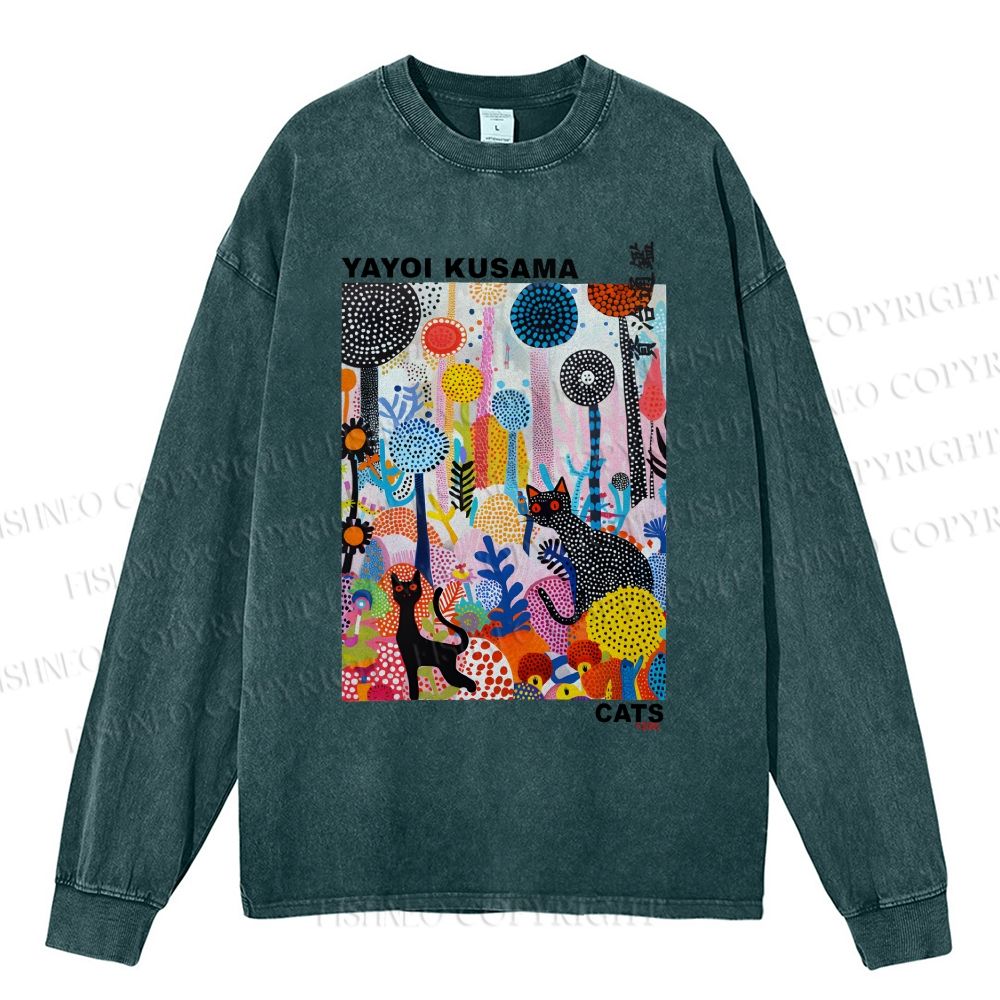 Unisex Casual Washed Yayoi Kusama Cat Printed Long Sleeve T-shirt