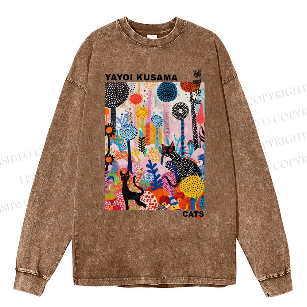 Unisex Casual Washed Yayoi Kusama Cat Printed Long Sleeve T-shirt