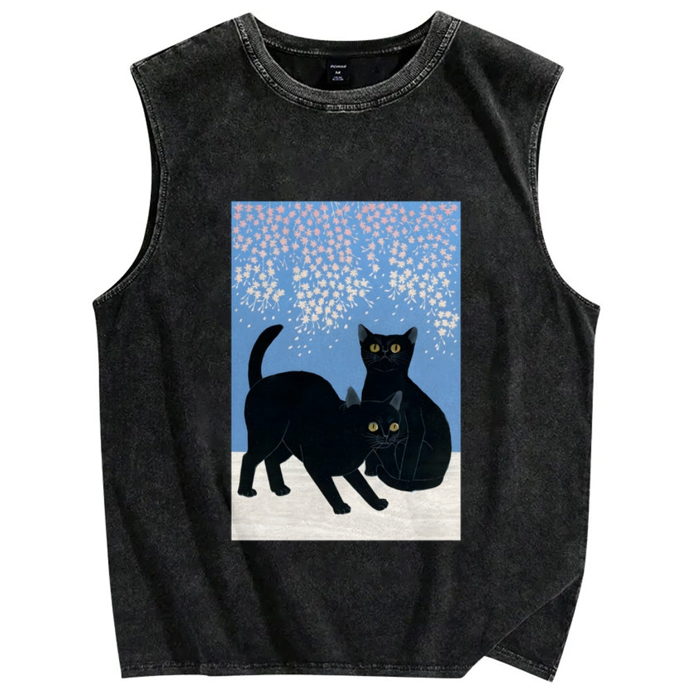 Black Cat Under The Sakura Vintage Distressed Washed Tank Top