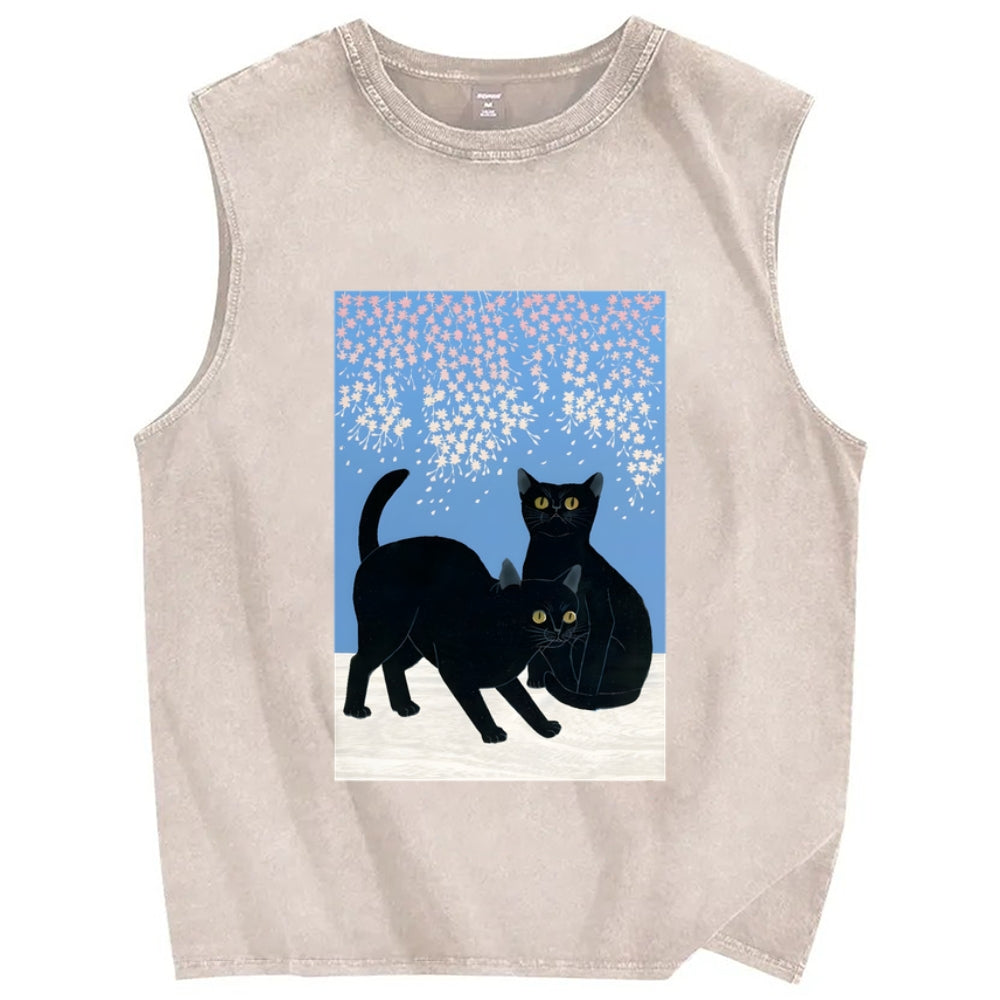 Black Cat Under The Sakura Vintage Distressed Washed Tank Top