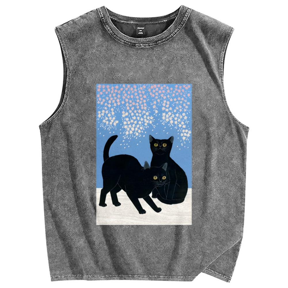 Black Cat Under The Sakura Vintage Distressed Washed Tank Top