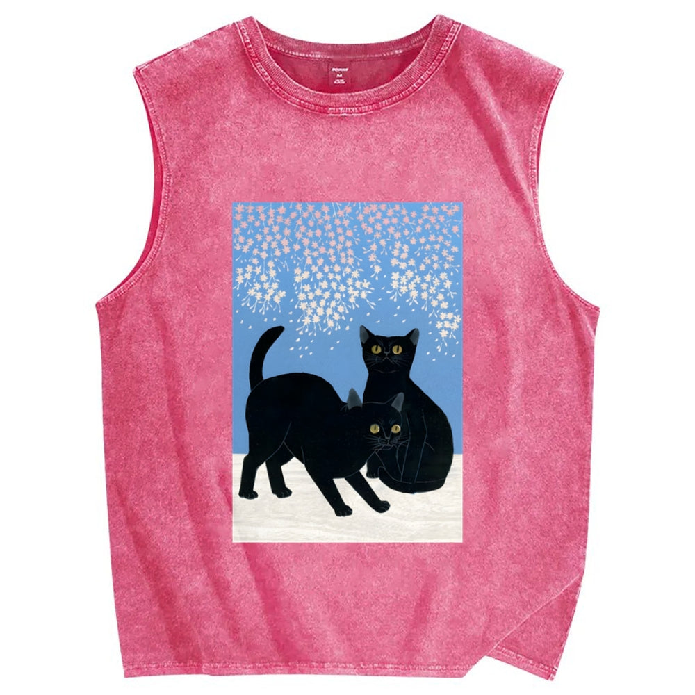 Black Cat Under The Sakura Vintage Distressed Washed Tank Top