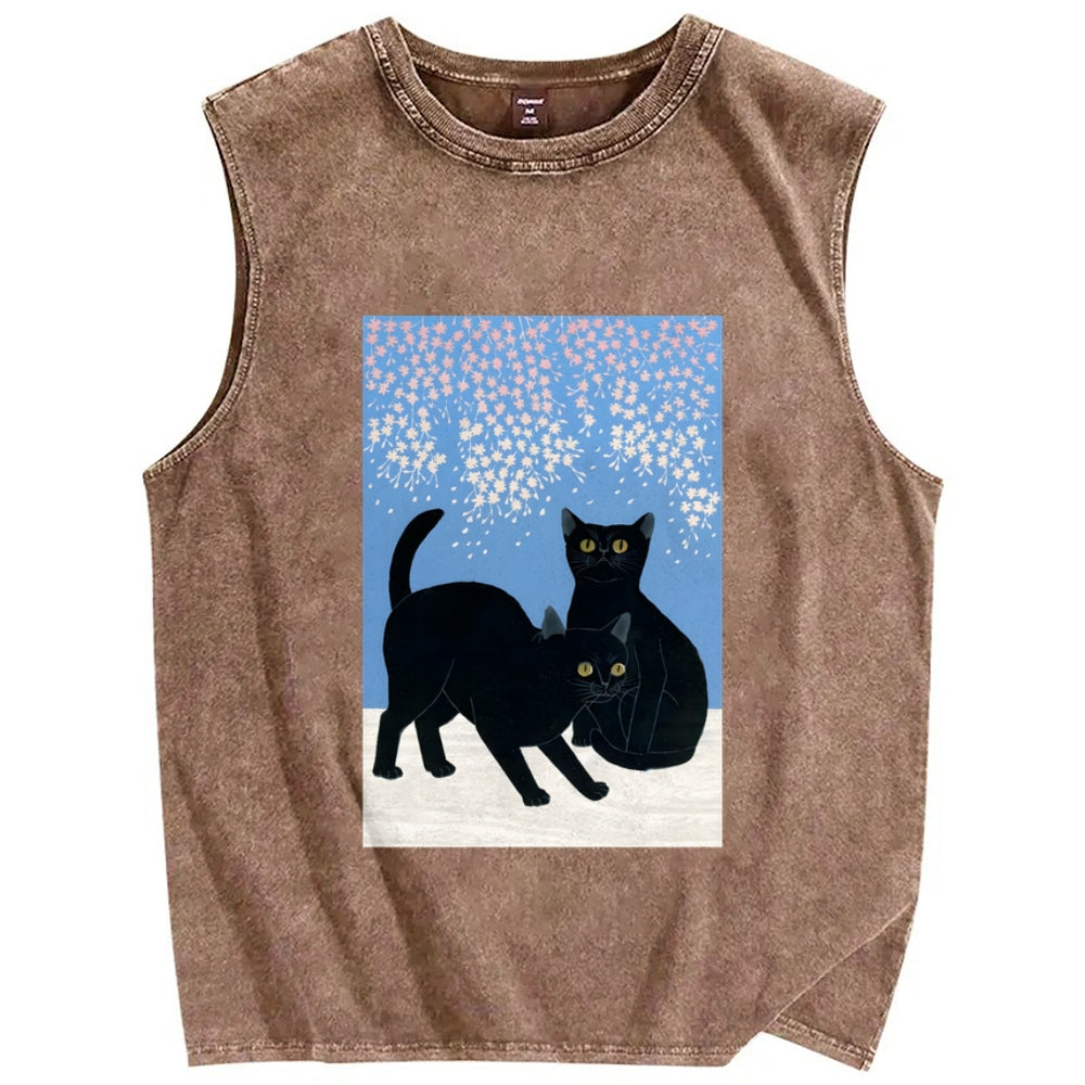 Black Cat Under The Sakura Vintage Distressed Washed Tank Top
