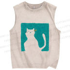 Unisex Cat Painting Printed Washed Tank Top