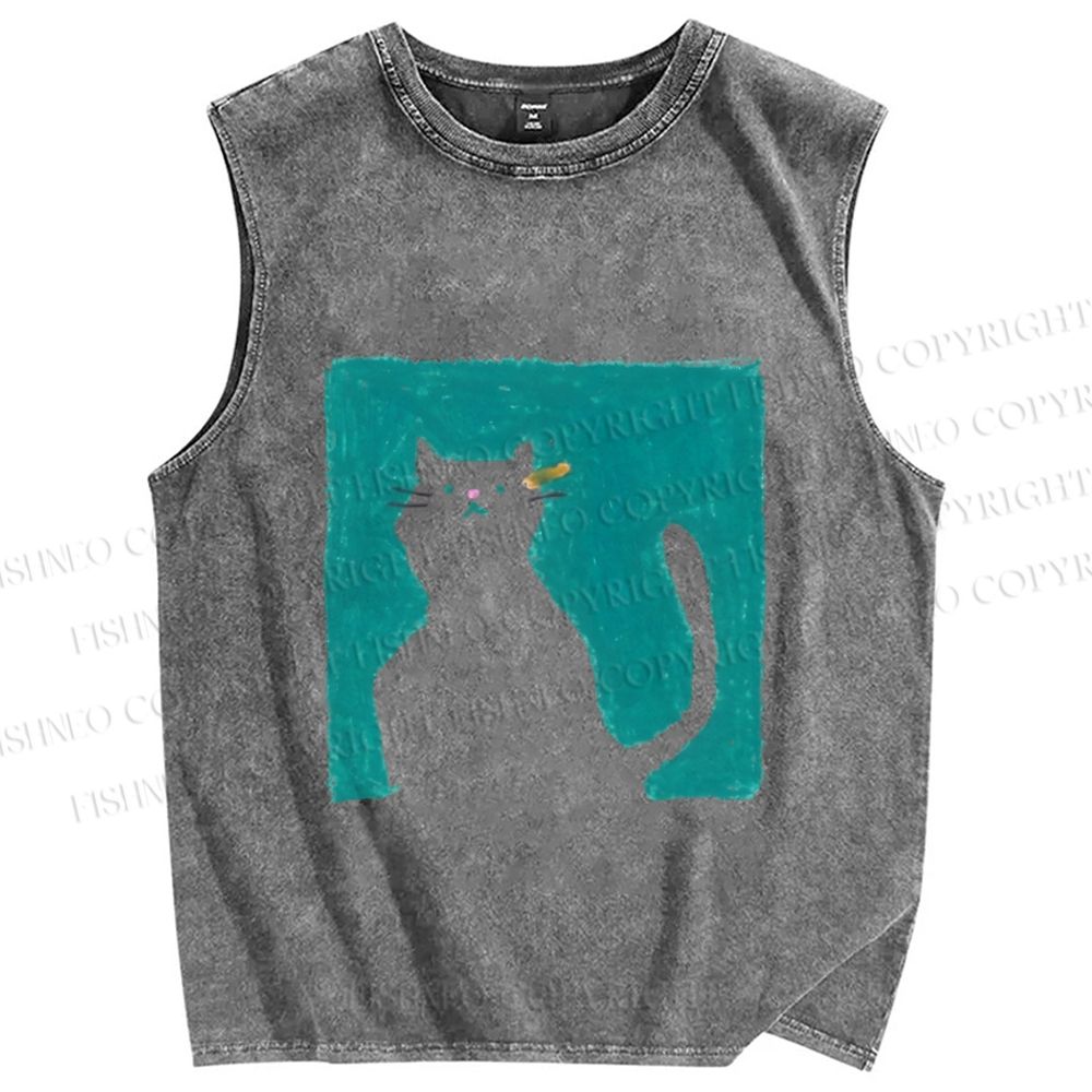 Unisex Cat Painting Printed Washed Tank Top