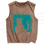 Unisex Cat Painting Printed Washed Tank Top