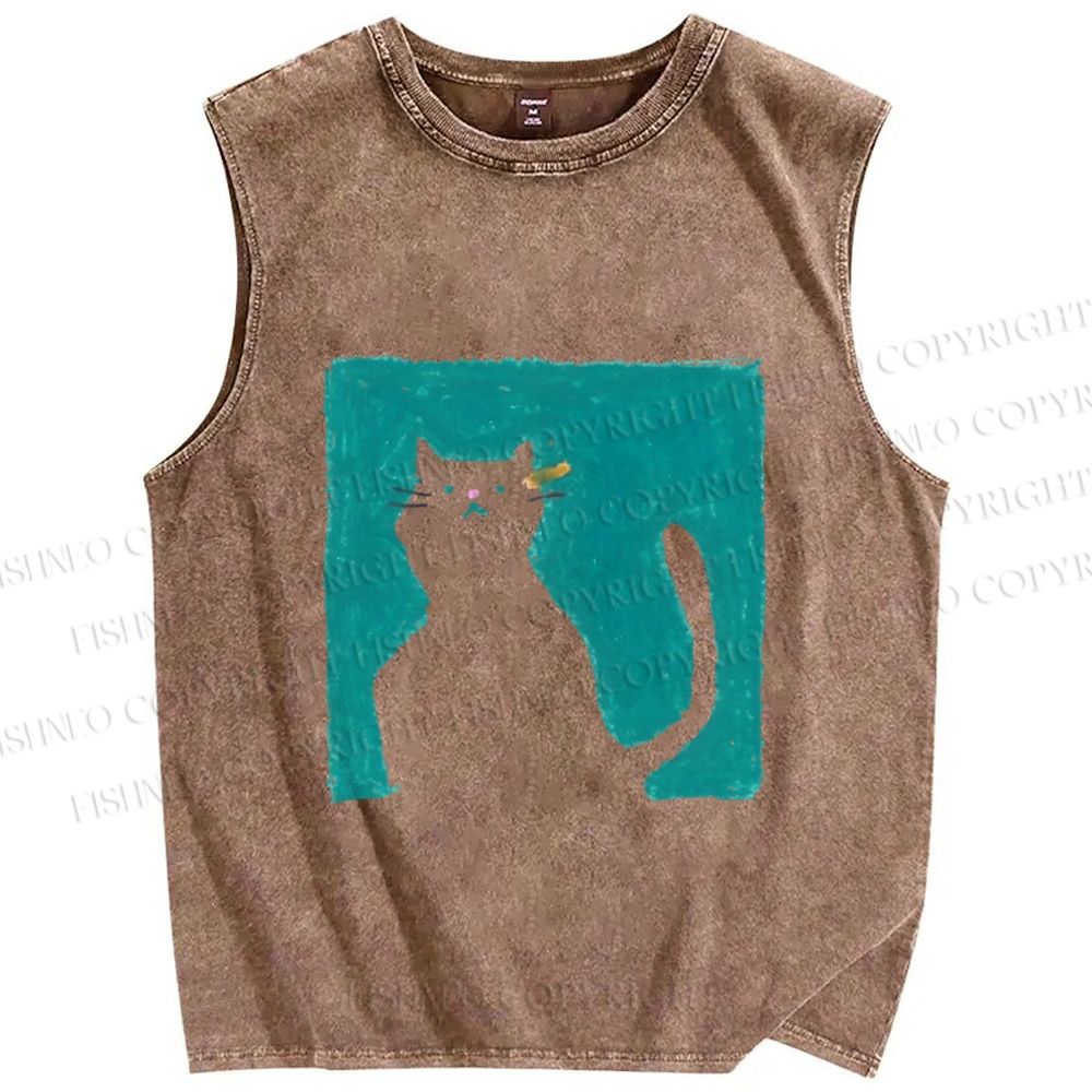Unisex Cat Painting Printed Washed Tank Top