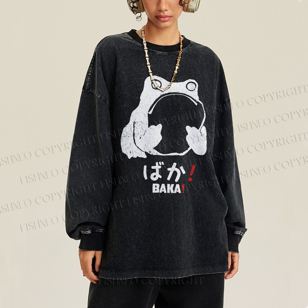 Unisex Stupid Frog Vintage Casual Washed Printed Long Sleeve T-shirt