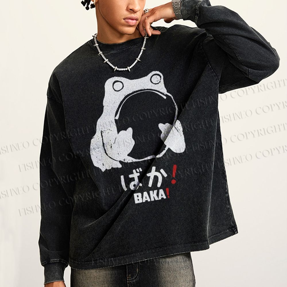 Unisex Stupid Frog Vintage Casual Washed Printed Long Sleeve T-shirt