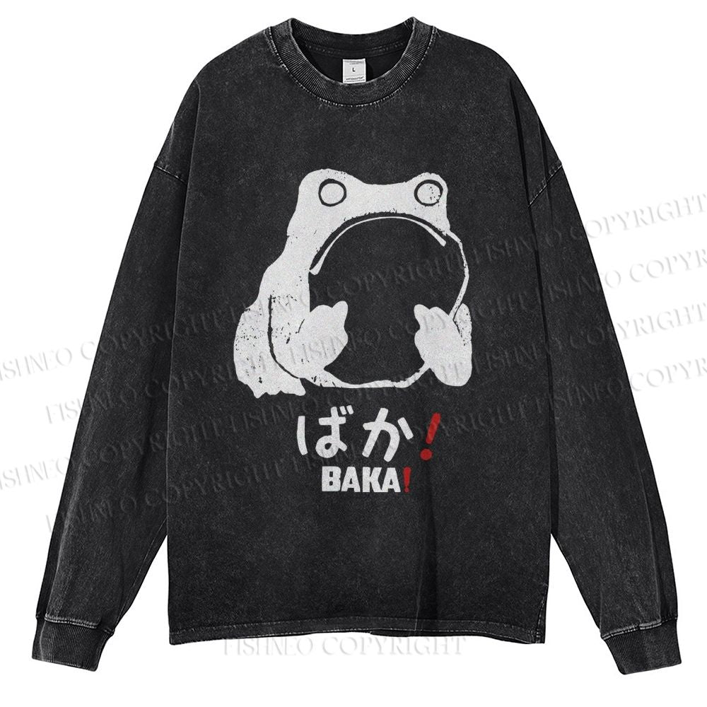 Unisex Stupid Frog Vintage Casual Washed Printed Long Sleeve T-shirt
