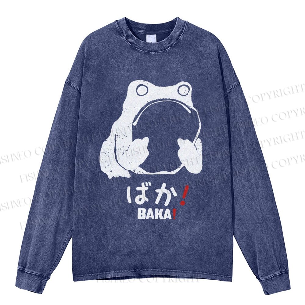 Unisex Stupid Frog Vintage Casual Washed Printed Long Sleeve T-shirt